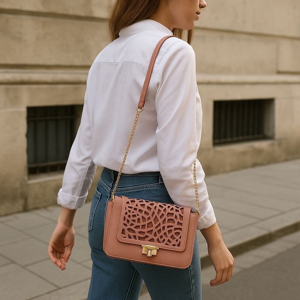 Vieta Pink Laser-Cut Faux Leather Shoulder Purse